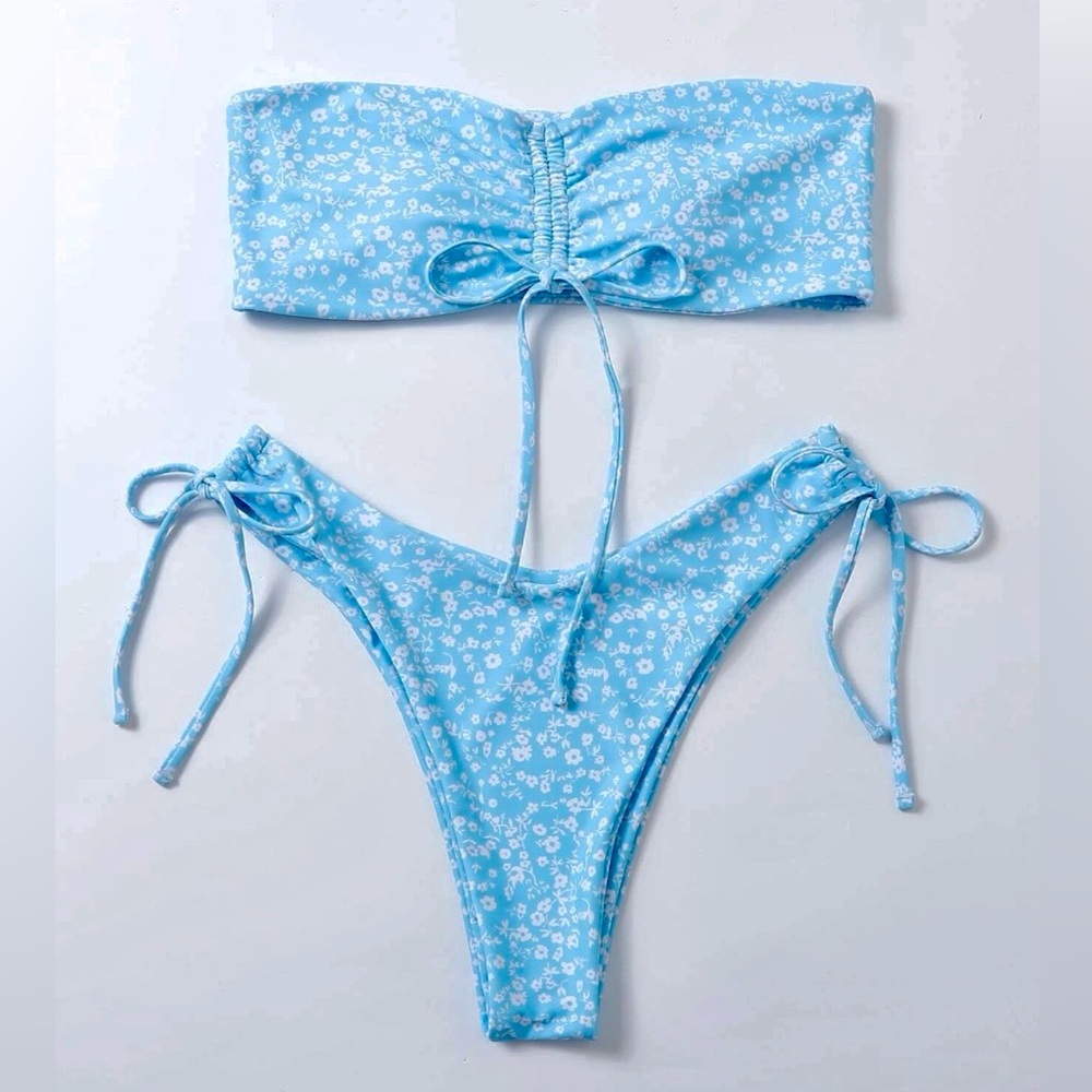 Blue Floral Drawstring Bandeau Bikini Swimsuit Small (4)